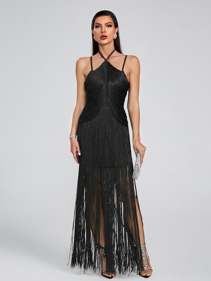 Robe de soirée à franges Maya - Noir