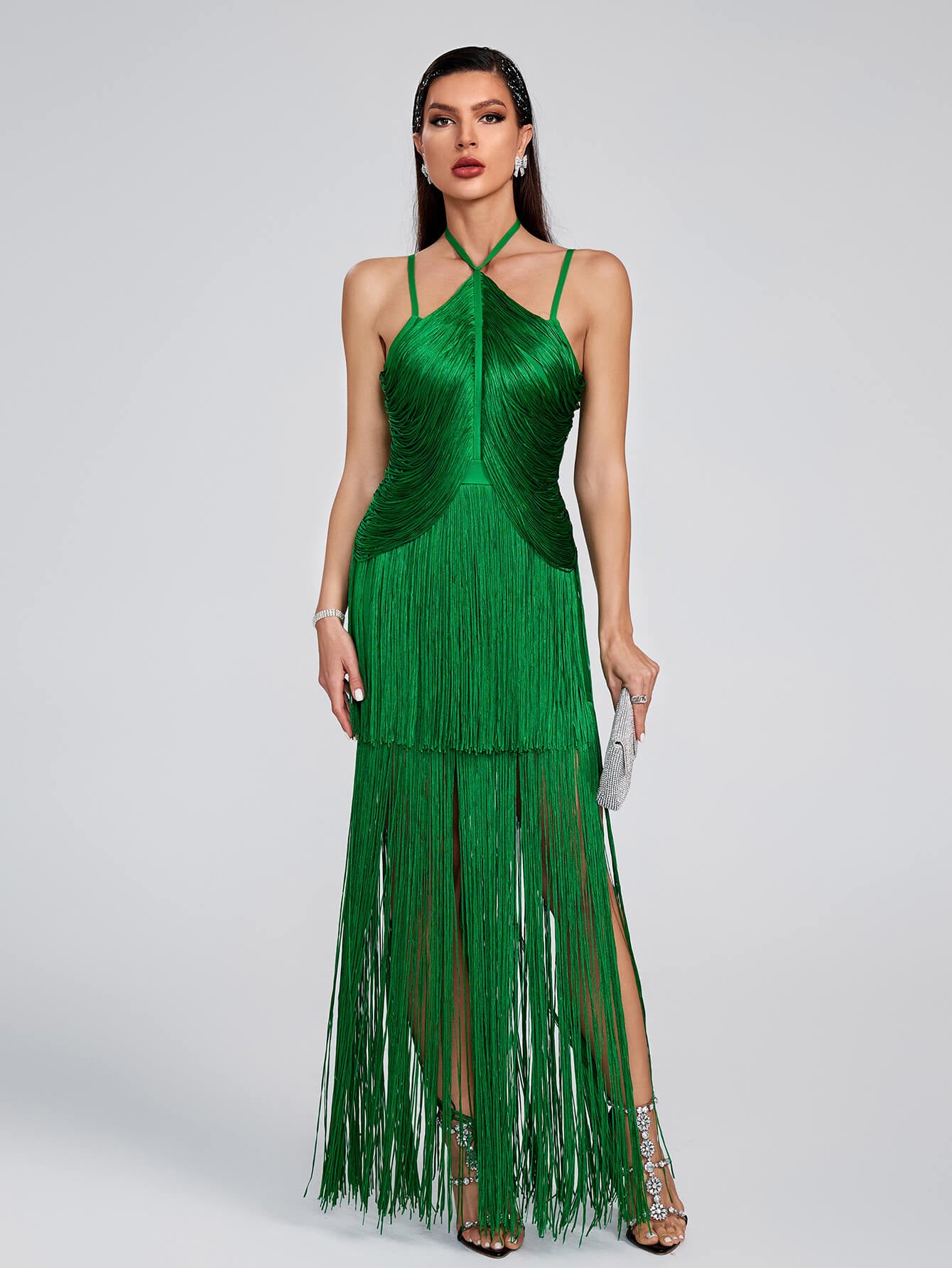 Maya Fringed Party Dress-Green