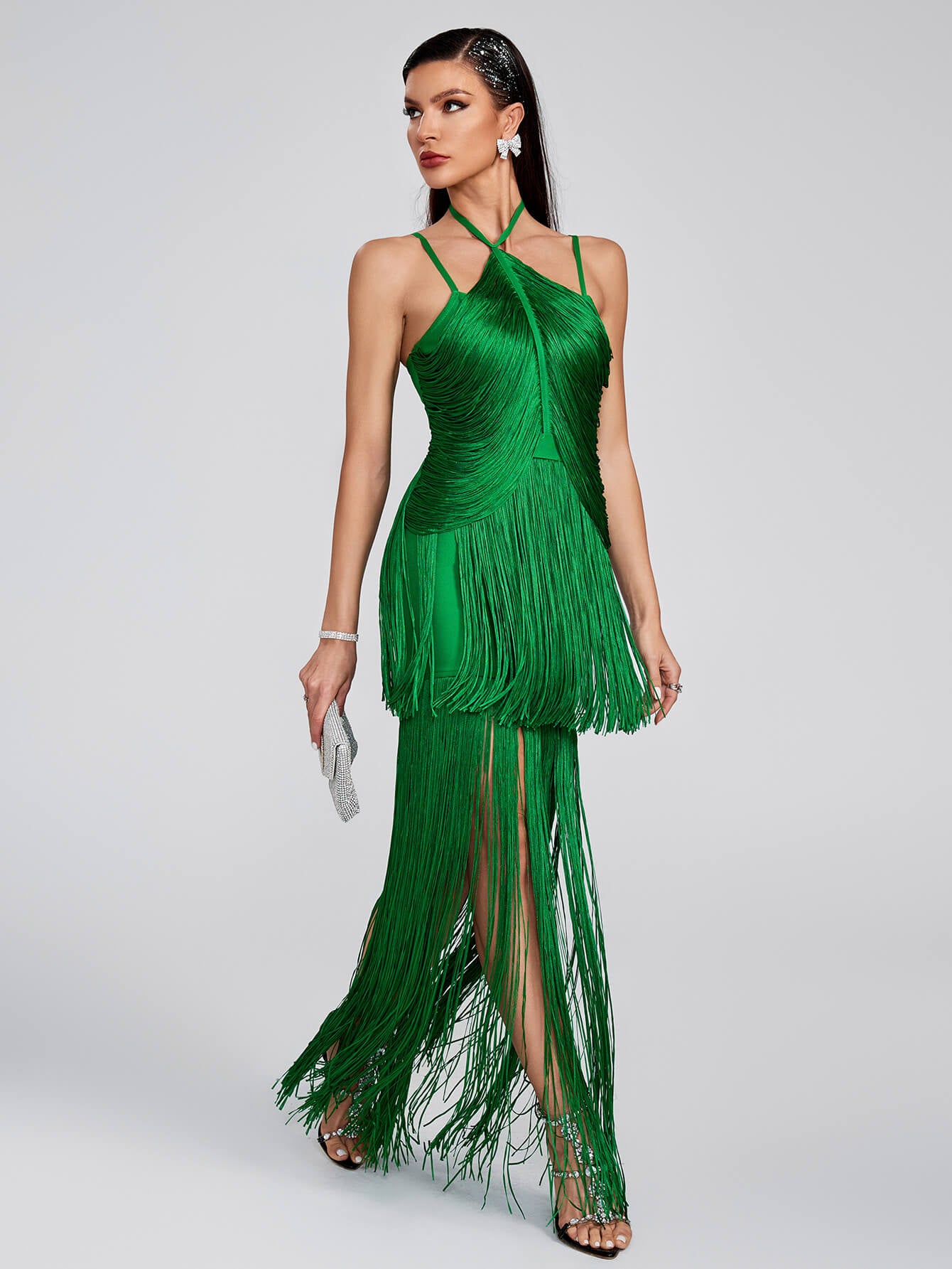 Maya Fringed Party Dress-Green