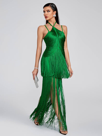 Maya Fringed Party Dress-Green