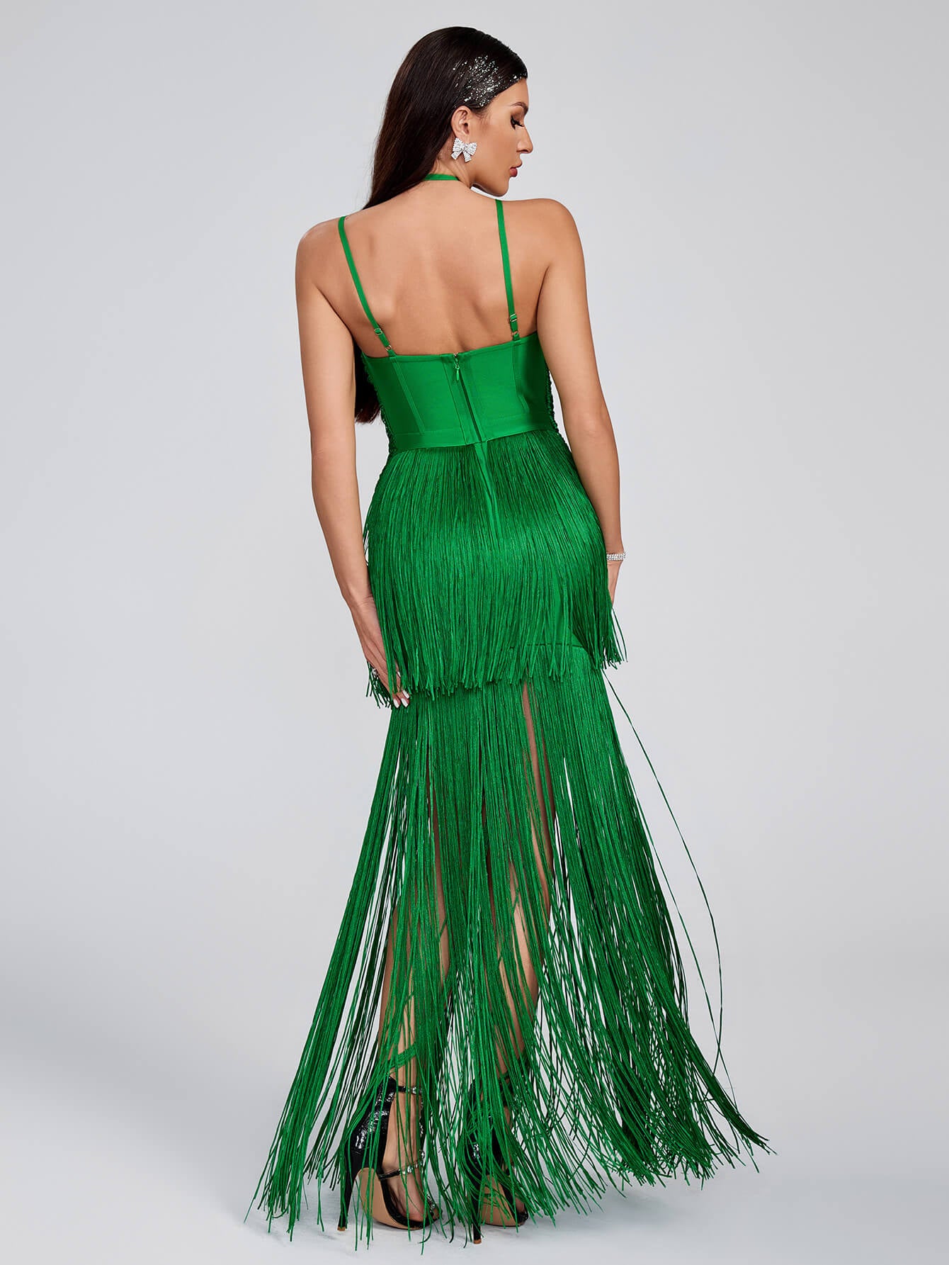 Maya Fringed Party Dress-Green