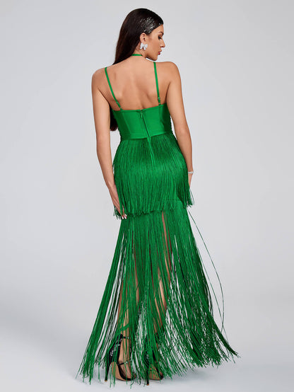 Maya Fringed Party Dress-Green