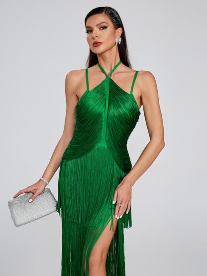 Maya Fringed Party Dress-Green
