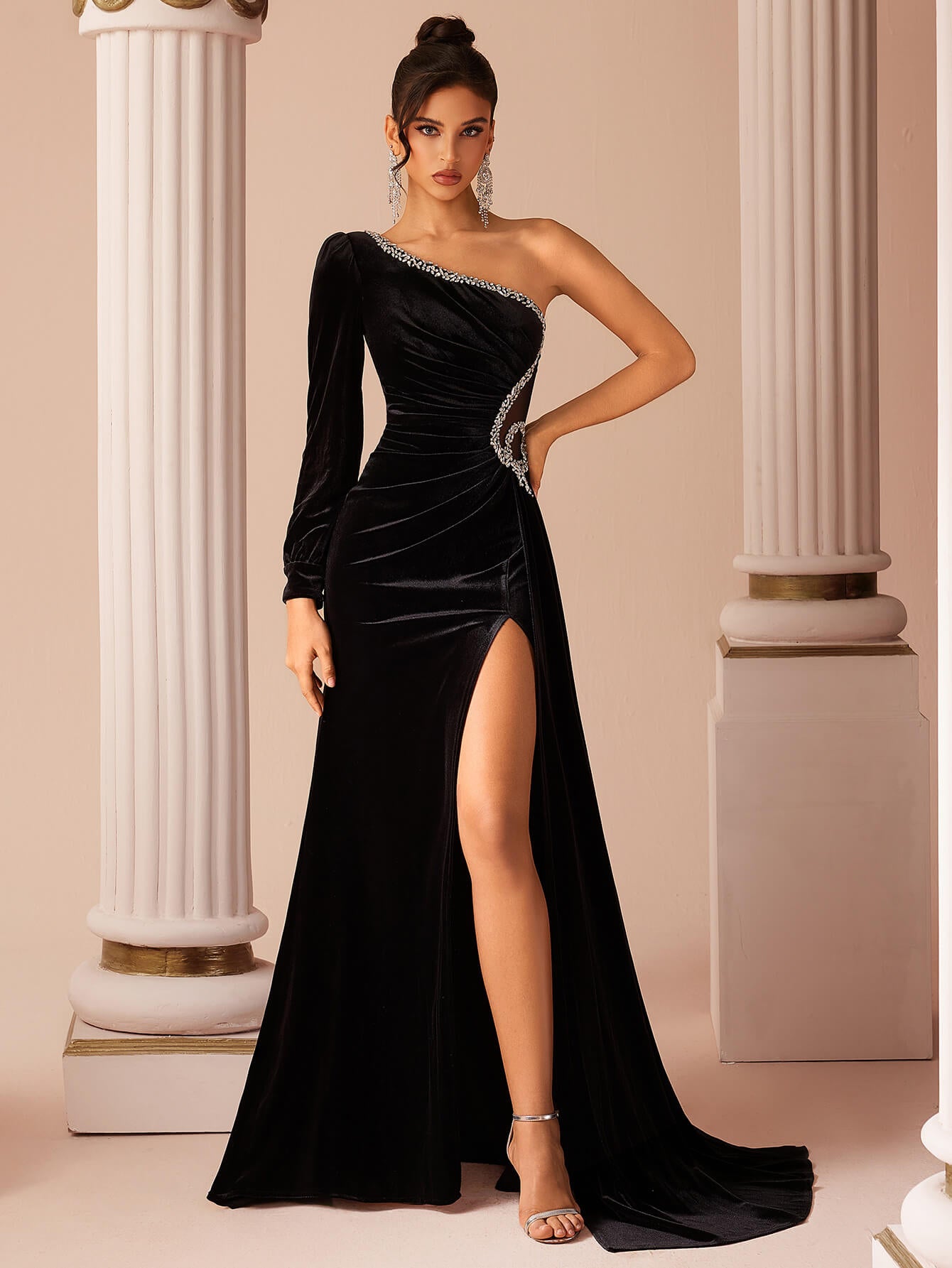 One Shoulder Velvet Split Evening Dress-Black