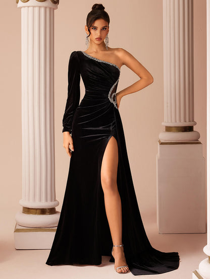 One Shoulder Velvet Split Evening Dress-Black