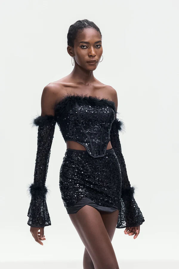 One-Shoulder Long-Sleeved Sequined Set