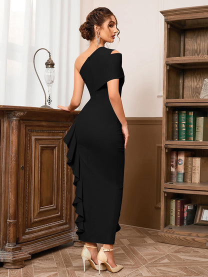 One-Shoulder Ruffled Side Slit Midi Dress