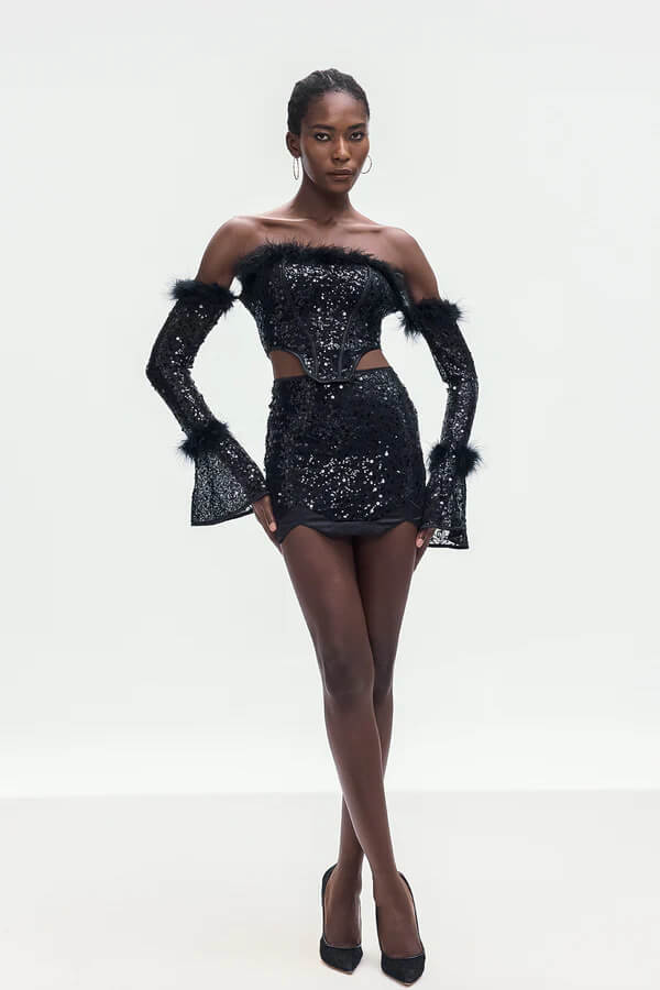 One-Shoulder Long-Sleeved Sequined Set