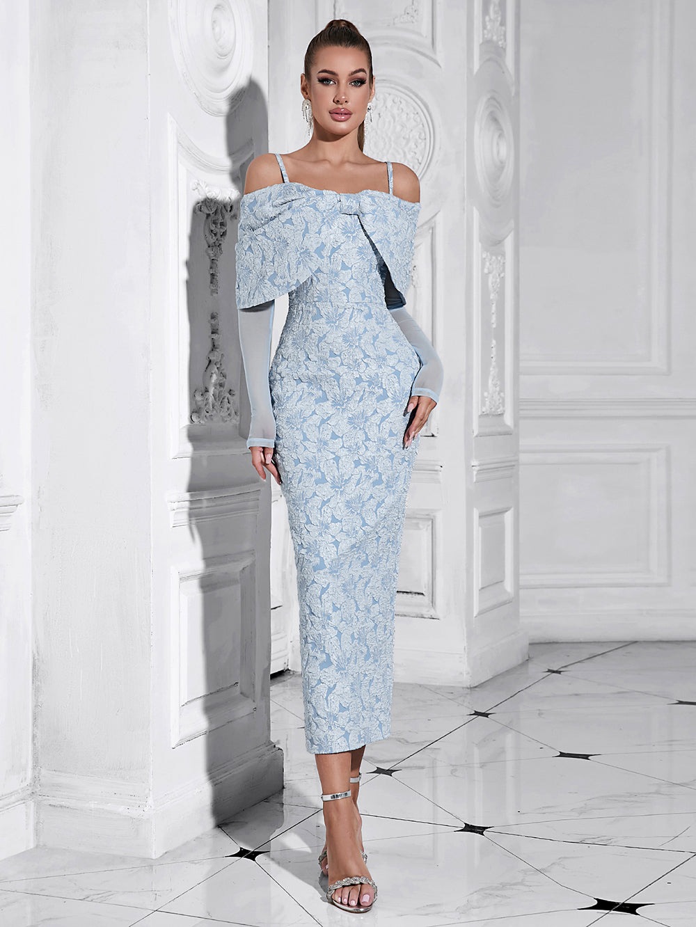 One Shoulder Mesh Long Sleeved Jacquard Dress