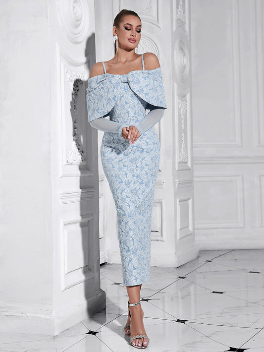 One Shoulder Mesh Long Sleeved Jacquard Dress