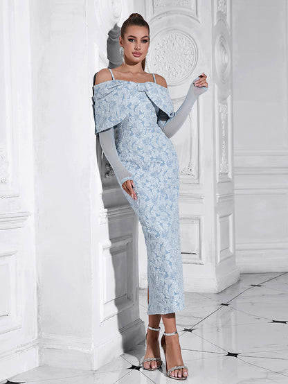 One Shoulder Mesh Long Sleeved Jacquard Dress