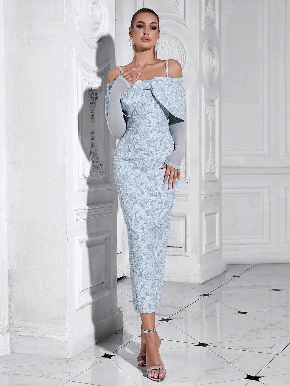 One Shoulder Mesh Long Sleeved Jacquard Dress