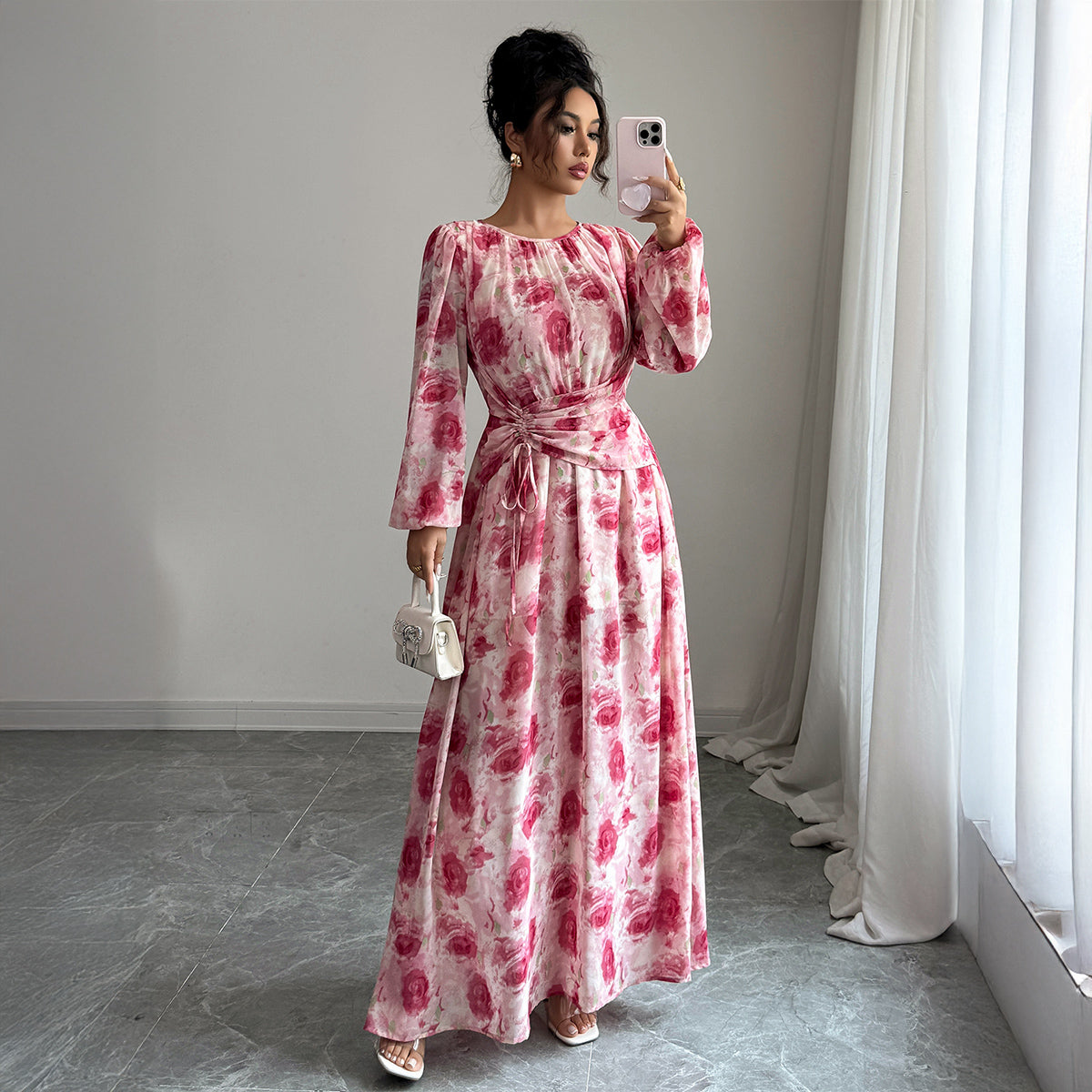 Printed Long-Sleeved Long Dress