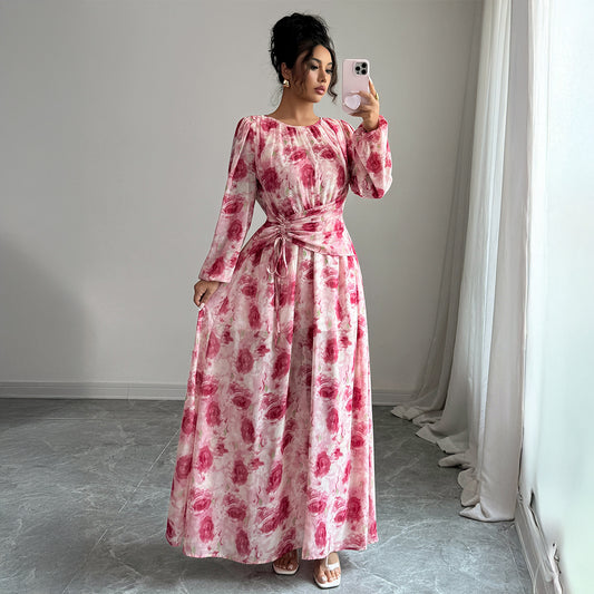 Printed Long-Sleeved Long Dress