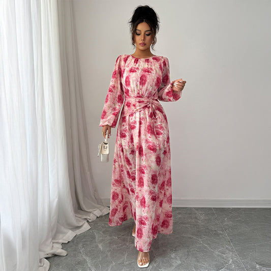 Printed Long-Sleeved Long Dress