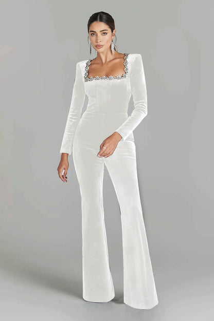 Square Neck Long Sleeved Jumpsuit-White - vevewholesale