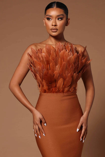 Strapless Feather Bandage Dress-Brown
