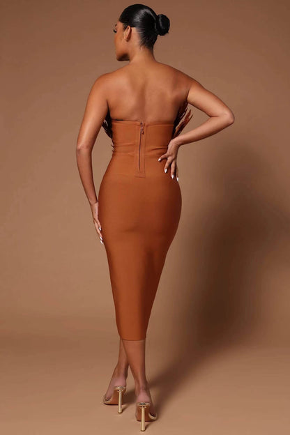 Strapless Feather Bandage Dress-Brown