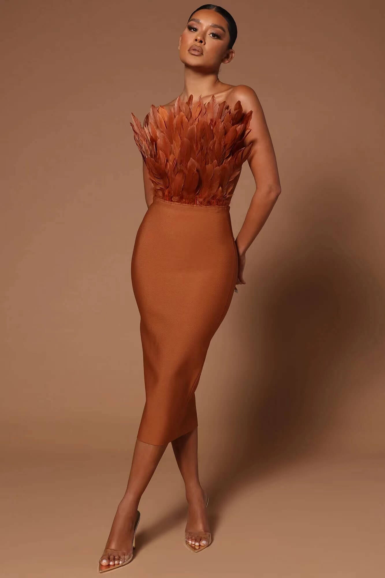 Strapless Feather Bandage Dress-Brown