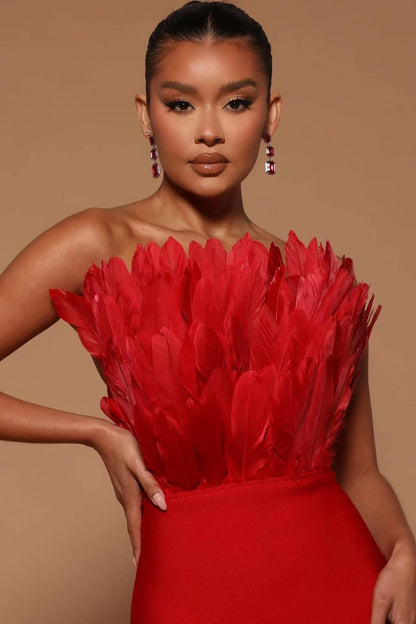 Strapless Bandage Feather Bandage Dress-Red