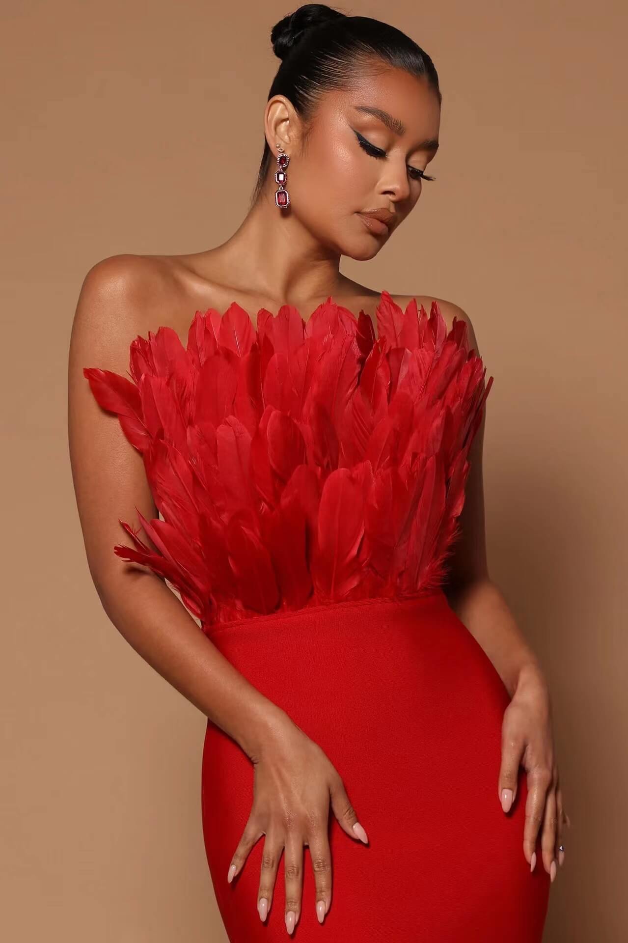 Strapless Bandage Feather Bandage Dress-Red