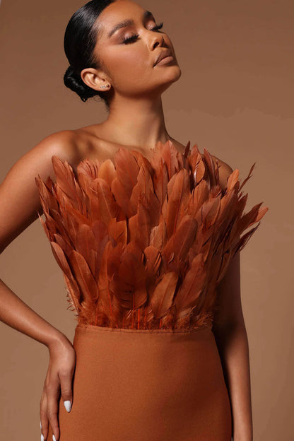 Strapless Feather Bandage Dress-Brown