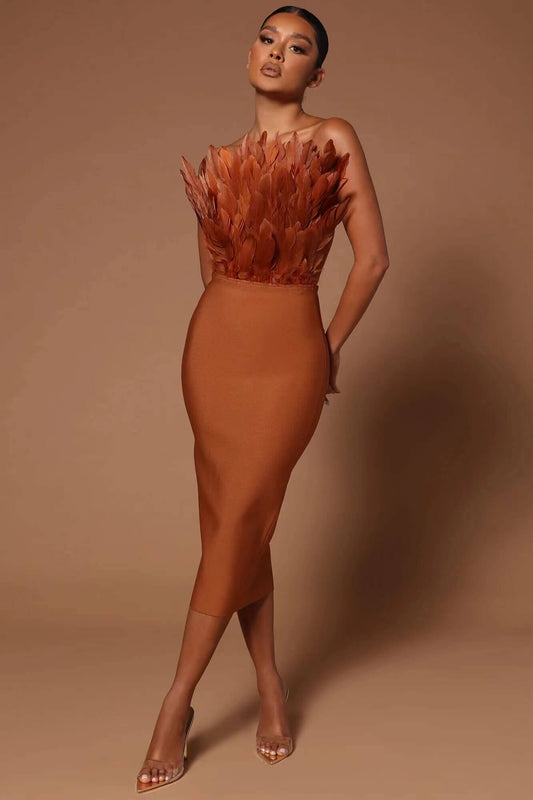 Strapless Feather Bandage Dress-Brown