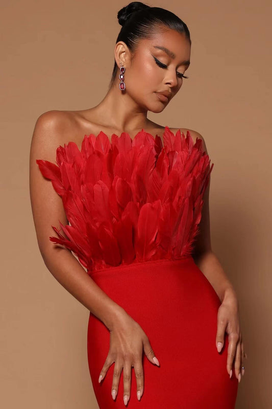 Strapless Bandage Feather Bandage Dress-Red
