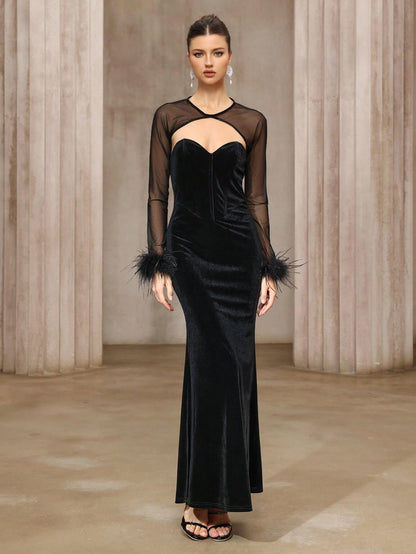 Vestido de noche de dos piezas con top de malla y terciopelo