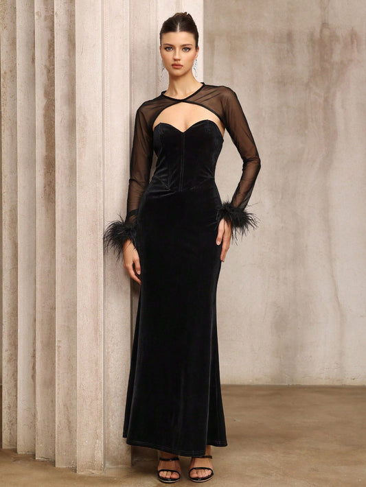 Two-Piece Mesh Top And Velvet Evening Dress
