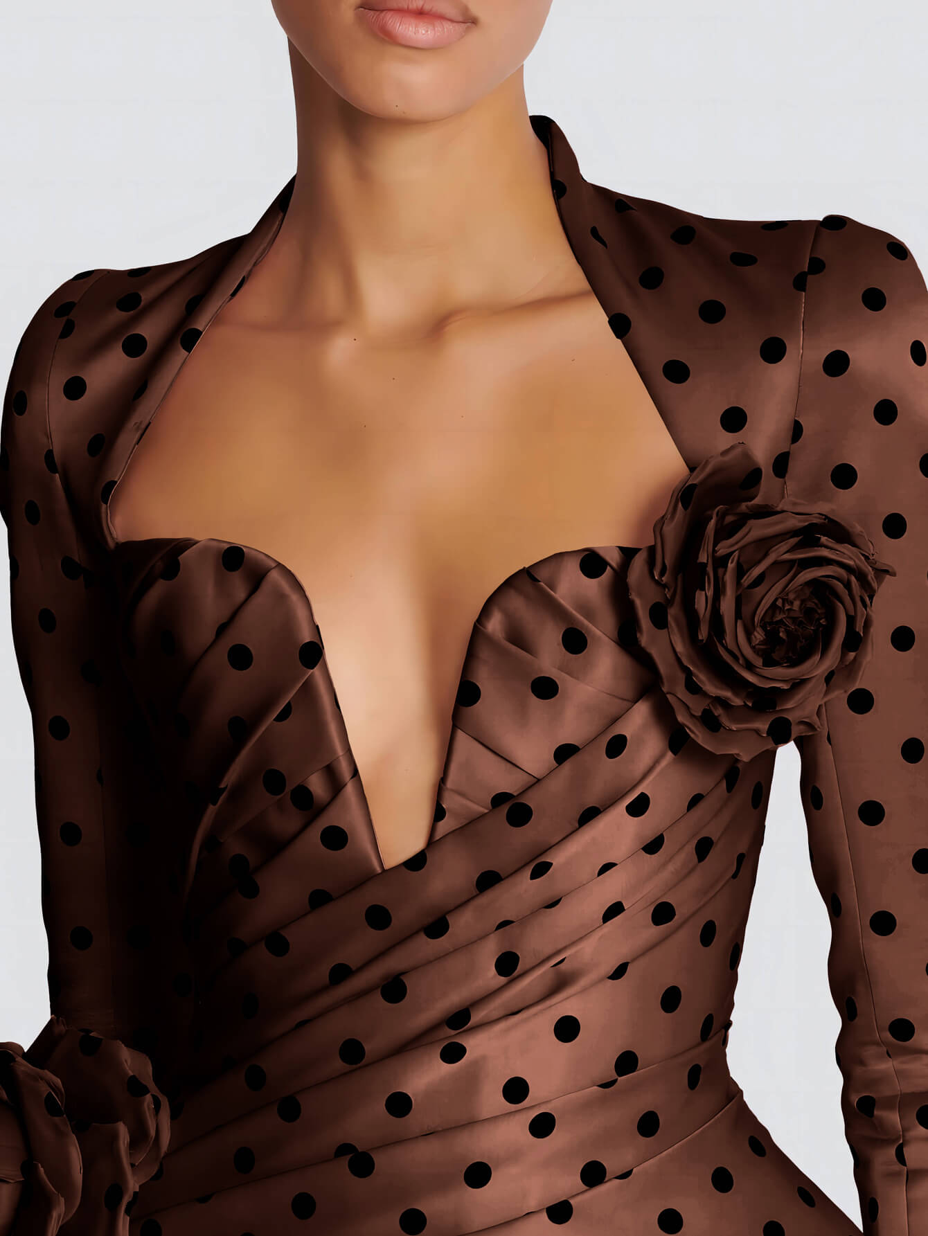 V-Neck Polka Flower Mini Dress-Brown