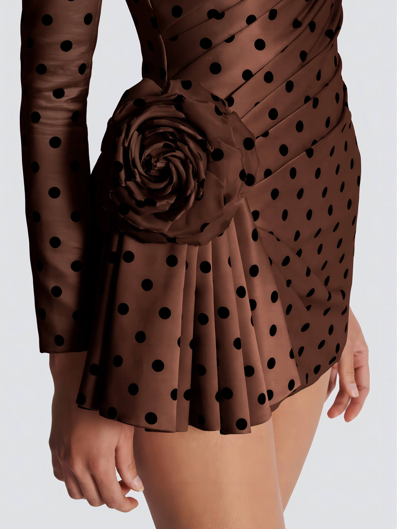 V-Neck Polka Flower Mini Dress-Brown