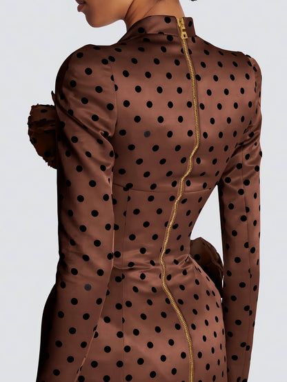 V-Neck Polka Flower Mini Dress-Brown