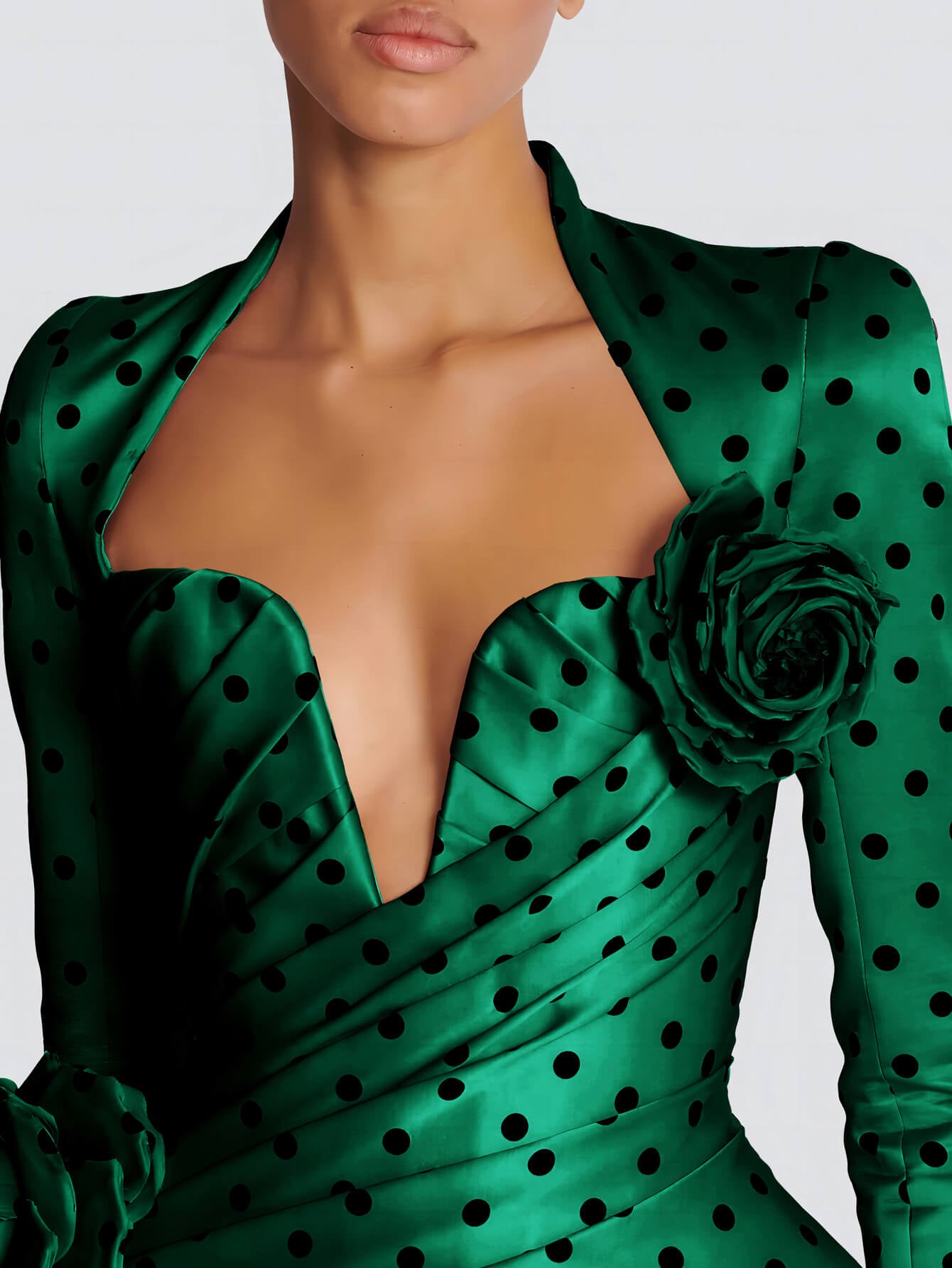 V-Neck Polka Flower Mini Dress-Green