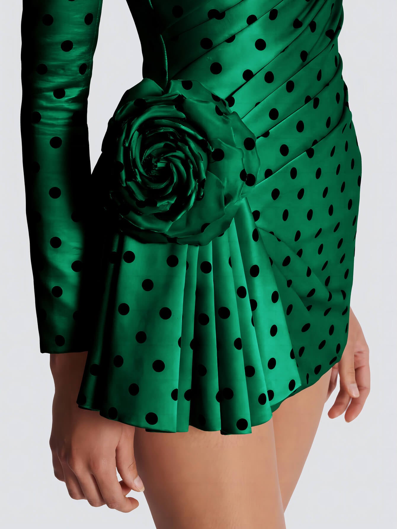 V-Neck Polka Flower Mini Dress-Green