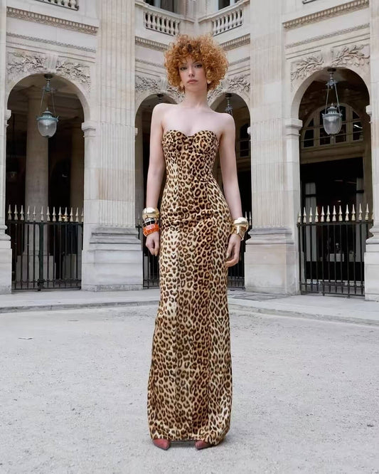 V-Neck Leopard Print Long Dress