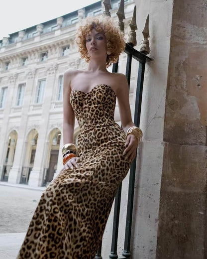 V-Neck Leopard Print Long Dress