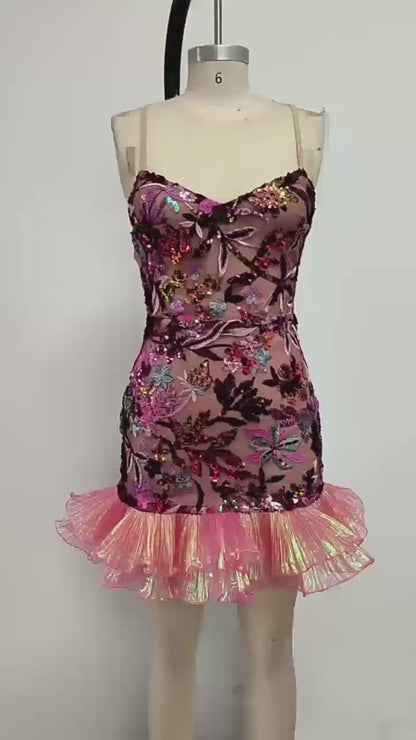 Strappy Embroidered Mini Dress-Pink