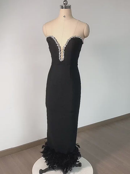 Rhinestone Strapless Feather Long Dress