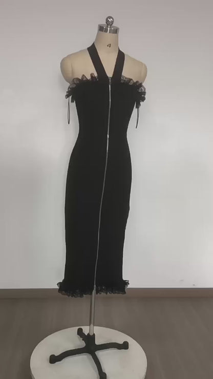 Halter Neck Zipper Midi Dress