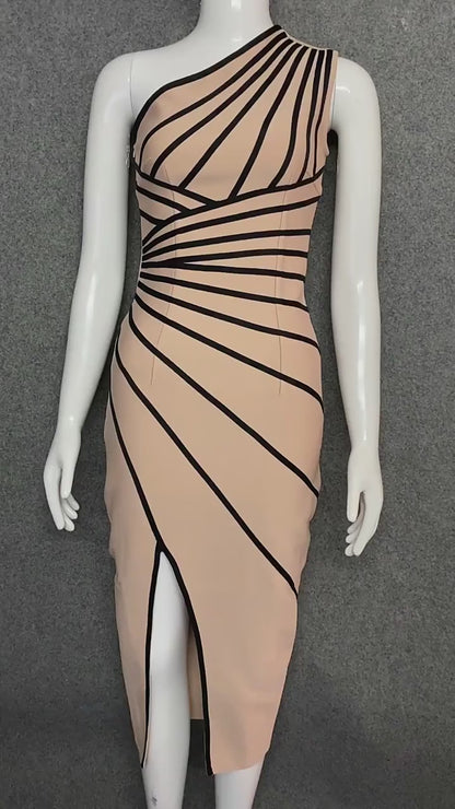 One Shoulder Striped Midi Dress