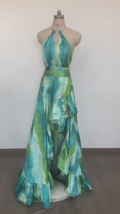 Halter Neck Smudged Printed Dress