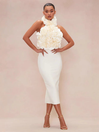 Big Flower Midi Dress-White - vevewholesale